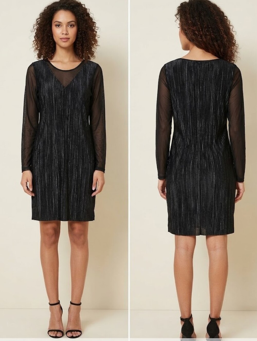 Vero Moda Black Pleated Cocktail Dress Size L Sheer Mesh Long Sleeve Party Dress